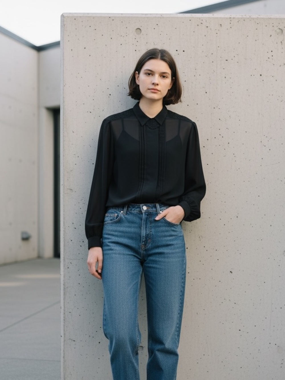 Vintage Chagall Black Sheer Pin-Tuck Blouse with Embroidered Yoke